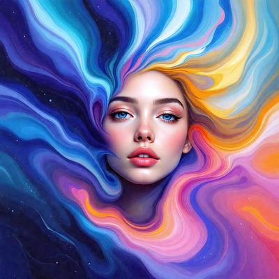 The primary subject of the image is a woman with long hair, who is the main focus of the scene. She is wearing makeup and has a pink lipstick. The setting is a colorful, abstract background that adds a vibrant and artistic touch to the image. The visual style is a combination of digital art and illustration, creating a unique and eye-catching representation of the woman. The colors and mood of the image are predominantly pink and purple, giving it a warm and inv